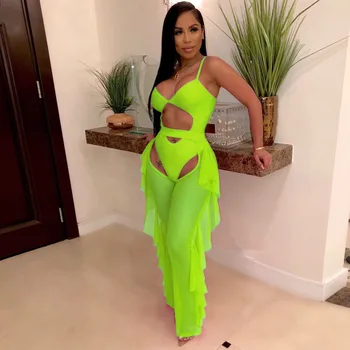 BKLD Moda Neon Yeşil Eşofman Kadın Iki Parçalı Set Kolsuz Bodysuit Ve Ruffles Örgü Şeffaf Pantolon Bodycon Iki Parçalı Kıyafetler
