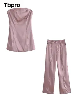 Katı Straplez İnce Üst Düz Pantolon Takım Elbise Moda Zarif kadın pantolonları İki Parçalı Set Yaz Rahat Tatil Parti Kıyafetleri