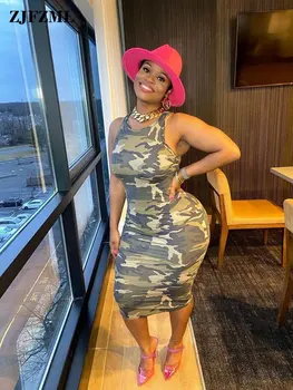 Hip Hop Kamuflaj Baskı Kalça Paketi Elbise Kadın Ekip Boyun Kolsuz Orta Buzağı Vestidos Rahat Loungewear Bel Şekilli Elbiseler