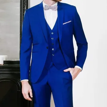 3 Parça Kraliyet Mavi Erkek Takım Elbise Slim fit Düğün Smokin Çentikli Yaka Erkek Moda Giyim Damat Takım Elbise Seti Ceket Yelek Pantolon