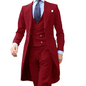 Yeni Varış Uzun Ceket Tasarımları Çin Kırmızı Erkek Takım Elbise Nazik Smokin Balo Blazer Kostüm Homme Düğün Damat Zarif Erkek Giyim