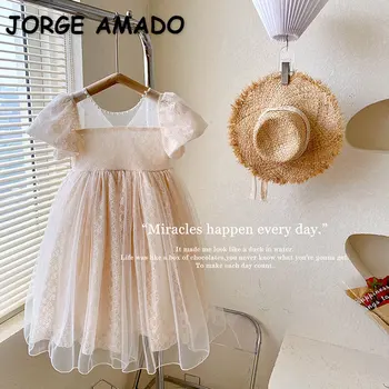 Yeni yaz elbisesi Bebek Kız için Yuvarlak Yaka Kısa Kollu Kayısı Prenses Prenses Elbise Sashes ile Çocuk Giyim E0428