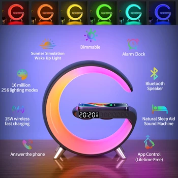 Kablosuz iphone şarj cihazı çalar saat hoparlör RGB atmosfer ışığı şarj edilebilir gece lambası APP kontrolü müzik ritim ışık
