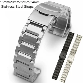 Paslanmaz Çelik saat kayışı Band Fırçalanmış Kaplama Metal saat kayışı 18mm/20mm/22mm/24mm/25mm Çift Toka Bilezik Siyah, Gümüş