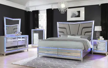 5-N PC Kraliçe yatak odası takımı Gümüş Ayna ön LED ışıkları ile / Döşemeli Başlık / Tam Uzatma Çekmeceleri