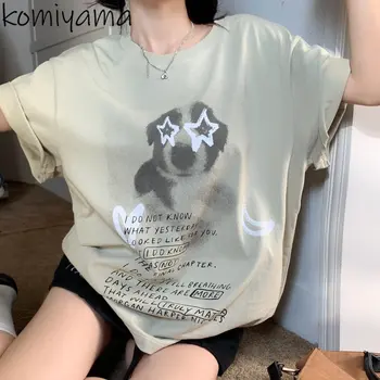 Komiyama Kawaii Köpek Mektup Baskı Üstleri Kadın İlkbahar Yaz Yeni Y2k Giysileri Moda Rahat T Shirt Vintage Kısa Kollu Tees