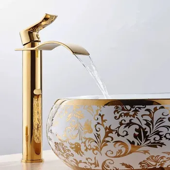 Tuqiu Havza Musluk Altın Şelale Musluk Pirinç Banyo Musluk Pirinç Banyo Havzası Musluk musluk bataryası Sıcak ve Soğuk lavabo musluğu