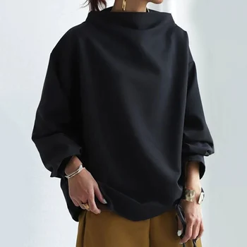Uoozee 2022 Bahar Kadın Üstleri Moda Rahat Düz Renk Yüksek Boyun Uzun Kollu Pamuklu Siyah Gömlek Kadınlar İçin