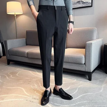 Erkek Çizgili Takım Elbise Pantolon İş Moda Ofis Sosyal Rahat Slim Fit Pantolon Streetwear düğün elbisesi Ayak Bileği Uzunluğu Pantolon
