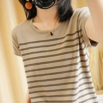 T-shirt Kadın Çizgili Kısa Kollu Tees Casual Kore Tarzı Gevşek Tüm Maç Harajuku Moda Üstleri Bahar Tasarım Bayan Q252