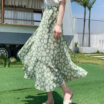 Kadın Yaz Zarif Çiçek Baskı Kore Etek Streetwear Ruffles Patchwork Tatil Uzun Maxi Etekler Behemian Düzensiz