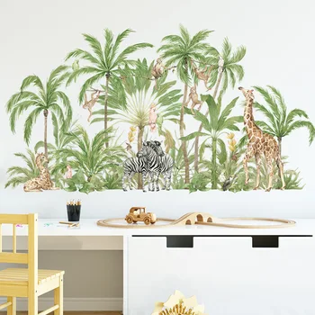 Büyük Tropikal Bitki Hayvanlar duvar çıkartmaları Çocuk Odaları için Erkek Odası Yatak Odası Dekorasyon Vinil Orman Zürafa Duvar Kağıdı Posterler