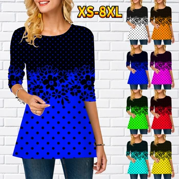 Yuvarlak Boyun Uzun Kollu Kadın T-shirt 3D Baskı Üst Günlük Moda Rahat PulloverSpring Sonbahar Retro Zarif Giysiler XS-8XL