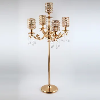 110cm Boyunda 5 Kol Altın Şamdan Zemin Centerpiece Klasik Kristal Mumluk Metal Şamdanlar Düğün Parti için Koridor