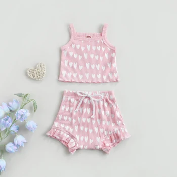 2 Adet Toddler Küçük Kızlar Kıyafet Suit Yaz Tatlı Tarzı Kalp Baskı Kolsuz Askı Tops + Dantel şort takımı Bebek Giysileri