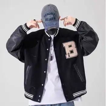 Işlemeli Ceketler Avrupa ve Amerikan Dikiş Beyzbol Ceket Moda Akın Yün Erkek Sokak Hip hop Gevşek PU Deri