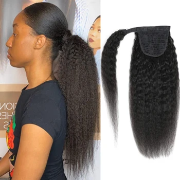 Sihirli Macun İnsan Saçı At Kuyruğu Kinky düz insan saçı Afro Yaki At Kuyruğu Siyah Kadınlar için Brezilyalı Remy saç ekleme