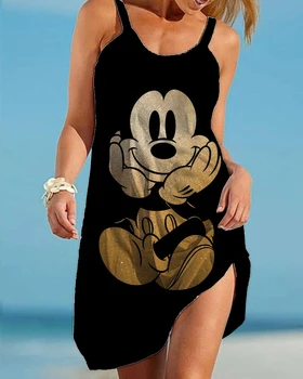 2023 Yaz Kızlar Mickey ve Minnie Kadın Moda Sling Baskı Elbise Disney Kadınlar Seksi Gevşek Sahil Plaj Rahat Plaj Elbise