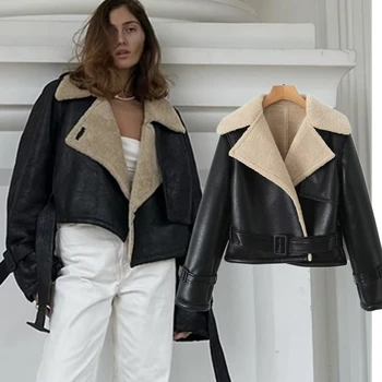 Maxduttı İngiliz Moda Bayanlar Kadın Ceket Yüksek Sokak Yaka Ceket Retro Kuzu Kürk Ceket Kış İçin Tops