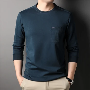 Marka O-boyun Uzun Kollu Cep Pamuklu T Shirt Erkek Giyim Bahar Yeni Varış Streetwear günlük t-Shirt Homme Z5133