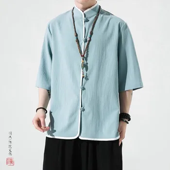 Yaz Çin Tarzı erkek Keten Kısa Kollu Gömlek Hanfu Kung Fu Gevşek Üstleri 2023 Vintage Tarzı tang tişört 5XL Kimono En Yeni
