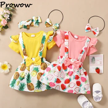 Prowow 0-18M 4 adet Yaz Bebek Kız Kıyafet Setleri Katı Bodysuit+Askı Ananas Baskılı Elbise Kızlar İçin Yenidoğan Giyim