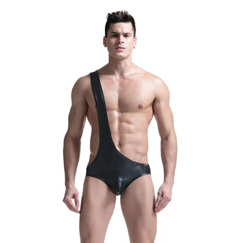 Güreş Giyim erkek İç Çamaşırı Suni Deri Patent PU Önlükler Eşcinsel Fishnet Seksi Bodysuit Fetiş Sissy İç Çamaşırı