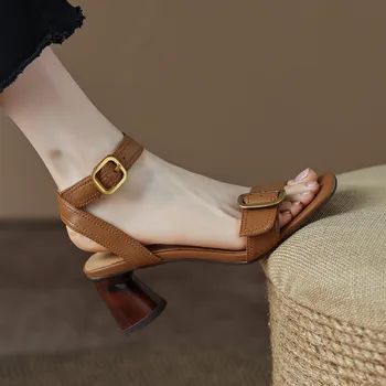 Yaz yeni kalın topuk retro peep-toe sandalet kadın yaz Roma tüm eşleşen yüksek topuklu 6cm kadın sandalet ayakkabı D164