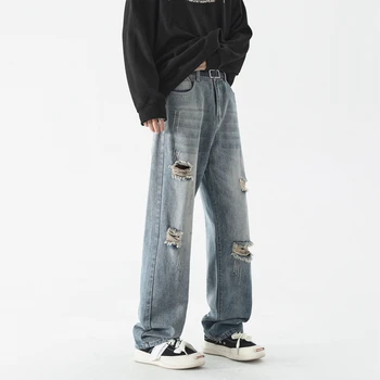 Bahar 2023 Yeni Moda Trendi Kırık Kot erkek Rahat Rahat Elastik Bel uzun pantolon