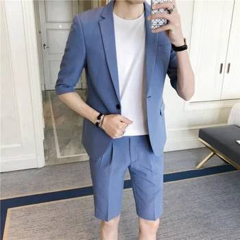 Kore Tarzı erkek Giyim Erkek Takım Elbise Seti Slim Fit Yarım Kollu Diz Boyu Pantolon Pembe Beyaz Yaz Takım Elbise Ceket Kısa Pantolon
