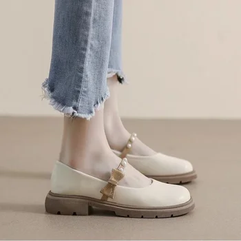Mary Janes Kadın Ayakkabı Zarif Lüks Kawaii Elbise Pompaları Rahat Rahat Yeni Orta Topuk Yay Topuklu Kız Ayakkabı Inci Bahar