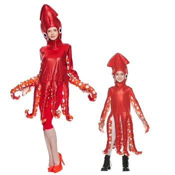 Komik Aile Kalamar Kostüm Kırmızı Ahtapot Sünger Tulumlar Ebeveyn Ve Çocuk Cadılar Bayramı Hayvan Kostümleri Karnaval süslü elbise