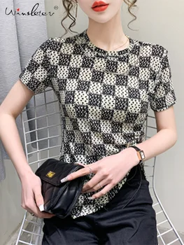 Winsleter Yaz Avrupa Giysileri kısa tişört Kadın O Boyun Düzensiz Ince Örgü Üstleri Kısa Kollu Elastik Yarık Tees T34813M