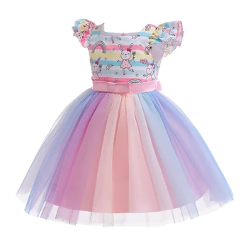 Küçük Prensesler için Büyülü Parti Elbisesi: Kızlar için Karikatür Tavşan Baskılı Gökkuşağı Örgü Elbise (2-10 Yaş)