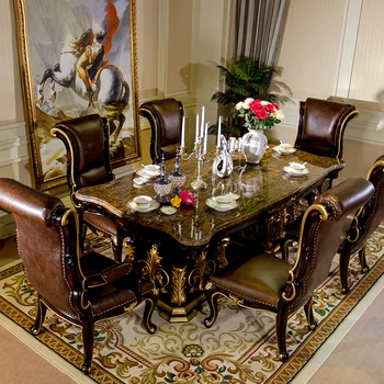 Lüks villa Avrupa tarzı yemek masası ve sandalye kombinasyonu masif ahşap oyma doğal mermer uzun yemek masası ve sandalye
