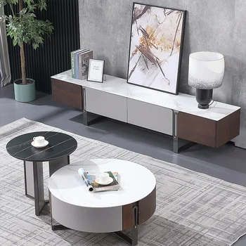 Italyan ışık abartılı kaya tabağı sehpa TV dolabı kombinasyonu modern basit oturma odası dairesel kenar tasarımı