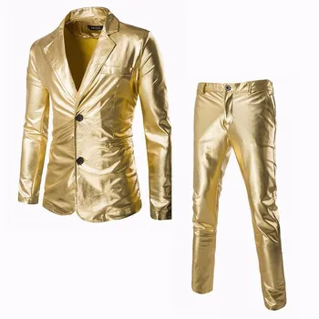Erkekler Parlak Altın Kaplı Metalik Takım Elbise Blazer (Ceket + Pantolon ) Slim Fit Gece Kulübü Setleri Elbise Marka Blazer Sahne Kostümleri Gerçekleştirmek