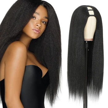 Sapıkça Düz U Parçası Peruk Siyah Kadınlar için 28 inç Yaki Düz U Parçası Peruk Sentetik Saç Kısa Siyah U Parçası Peruk Sapıkça Düz