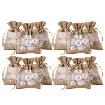 4X5. 5 İnç 20 Adet Çuval Bezi İpli hediye çantası - Çuval Bezi Bir Tarafı Organze Düğün Parti Karşılama Favor Çanta - Tan