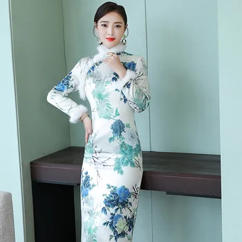 Qipao Geleneksel Çin Oryantal Elbise Kadın Cheongsam Seksi Modern çin elbisesi Qi Pao Kalın Kadın Kış Asya Elbise FF2543