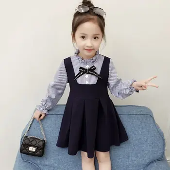 Kızın Çizgili Elbisesi 2023 İlkbahar Ve Sonbahar Kore tarzı Uzun kollu evaze elbise Küçük ve Orta Boy Çocuk Etekleri
