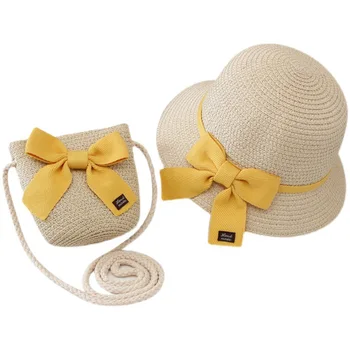 2 adet Set yazlık hasır şapka Çanta İle Kızlar İçin Rahat İlmek Sunhat Çocuk Koruma vizör kep Açık plaj kovası Şapka