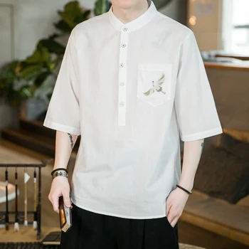 Çin Tarzı Keten Düz Renk Rahat Nakış Gevşek Artı Boyutu T-Shirt Erkek Giyim Harajuku Kısa Kollu Standı Yaka Tops