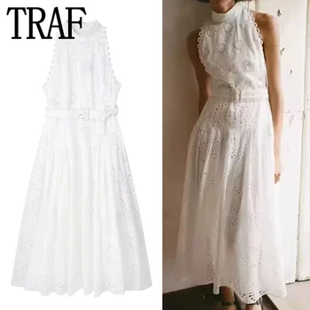 TRAF Cut Out Beyaz Elbise Kadın Nakış uzun elbise Kadın Fairycore Yaz Elbiseler Kadın Zarif Ve Güzel kadın elbiseleri