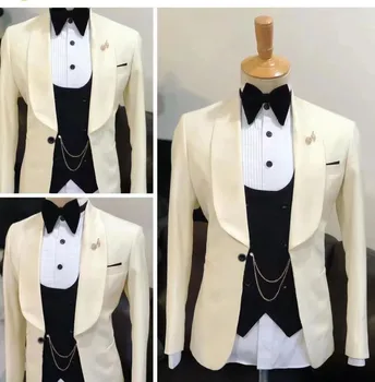 2023 Özel Son Tasarım Erkek Smokin Blazer Fildişi Düğün Takımları Erkek Resmi Damat Moda Parti Kuyruksuz Balo Siyah Yelek Pantolon