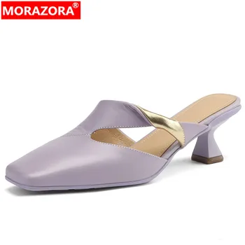 MORAZORA Yeni Muhtasar Bayanlar Katır rahat ayakkabılar Koyun Derisi Deri Terlik Kadın 2023 Kalın Yüksek Topuklu yazlık terlik