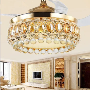 Işık Led tavan vantilatörü kolye lamba avize altın lüks kristal uzaktan kumanda yatak odası 42 İnç 110V 220V