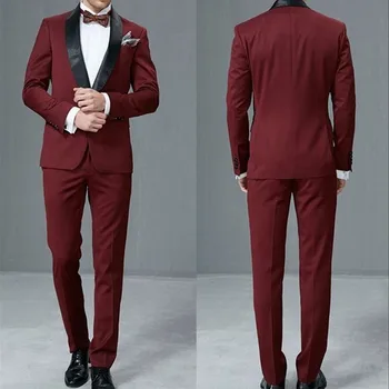 Özel Yapılmış Groomsmen Koyu Kırmızı Damat Smokin Şal Siyah Yaka Erkek Takım Elbise Düğün / Balo En Iyi Erkek Blazer (Ceket + Pantolon + Kravat )