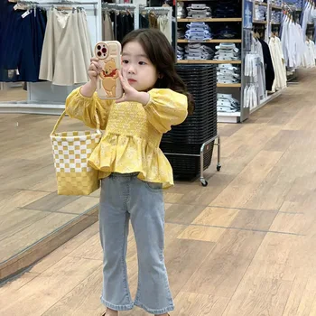 4772C Kız Giysileri 2023 Kore Bahar Yeni Kız Bebek Çiçek Uzun kollu Gömlek Veya Dokuz Trompet Kot Tatlı Kız Giysileri