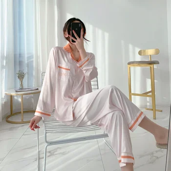 Buz İpek Pijama Kore Moda İlkbahar Ve Sonbahar kadın Ev Giysileri İpek Uzun Kollu Pantolon İki parçalı Takım Elbise Giyilebilir